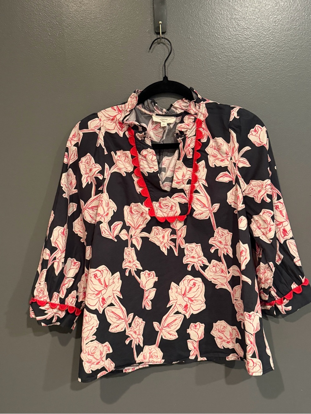 entro Black Blouse with Red Floral Print and Red Trim Scalloped V-Neck